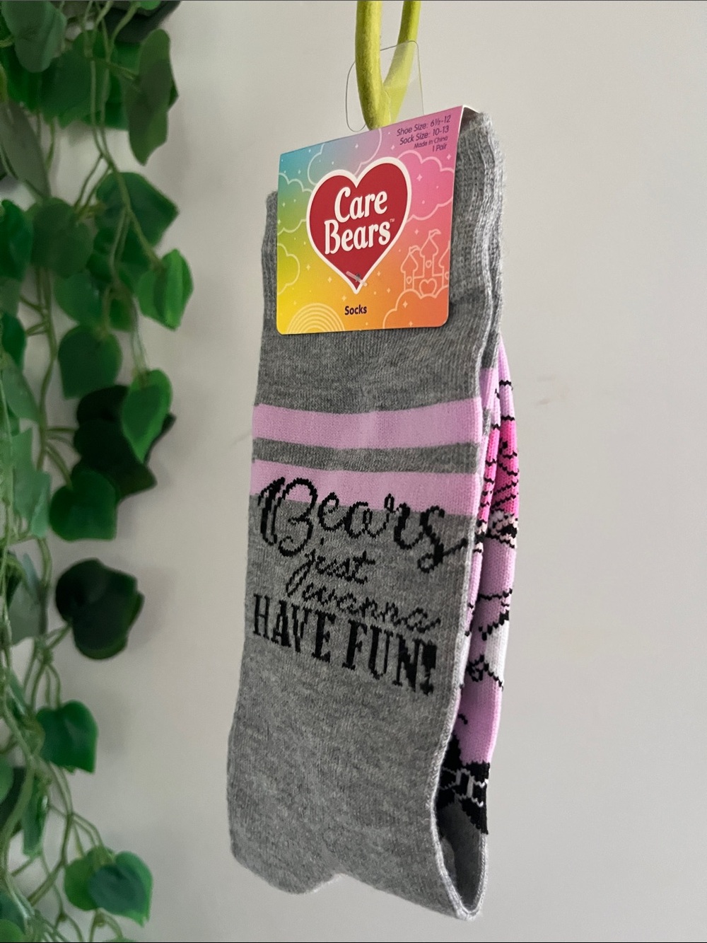 Care Bears Grey & Pink Crew Socks with Have Fun Graphic